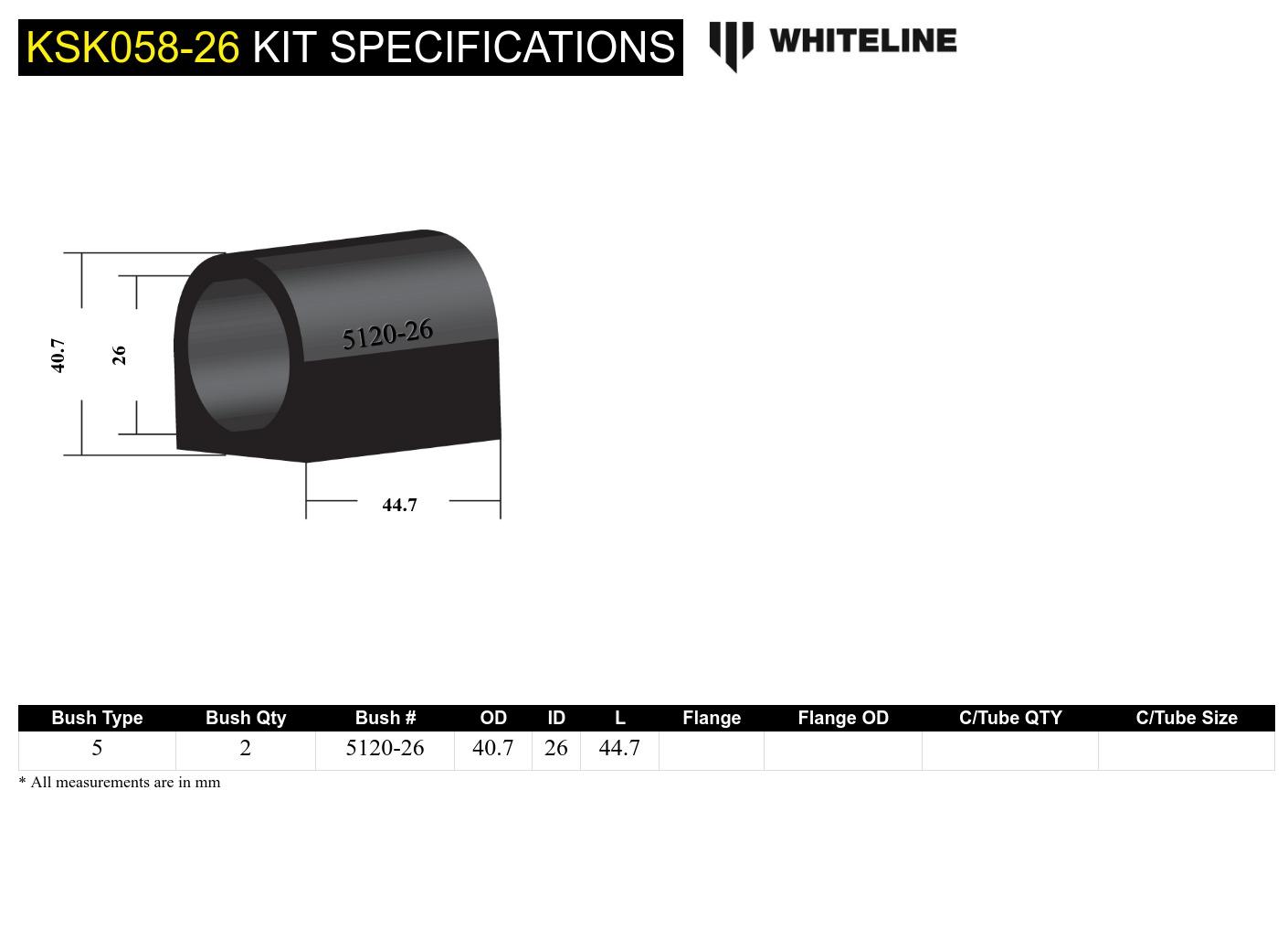 Front Sway Bar Mount - Bushing Kit 26mm to Suit Whiteline Sway Bars