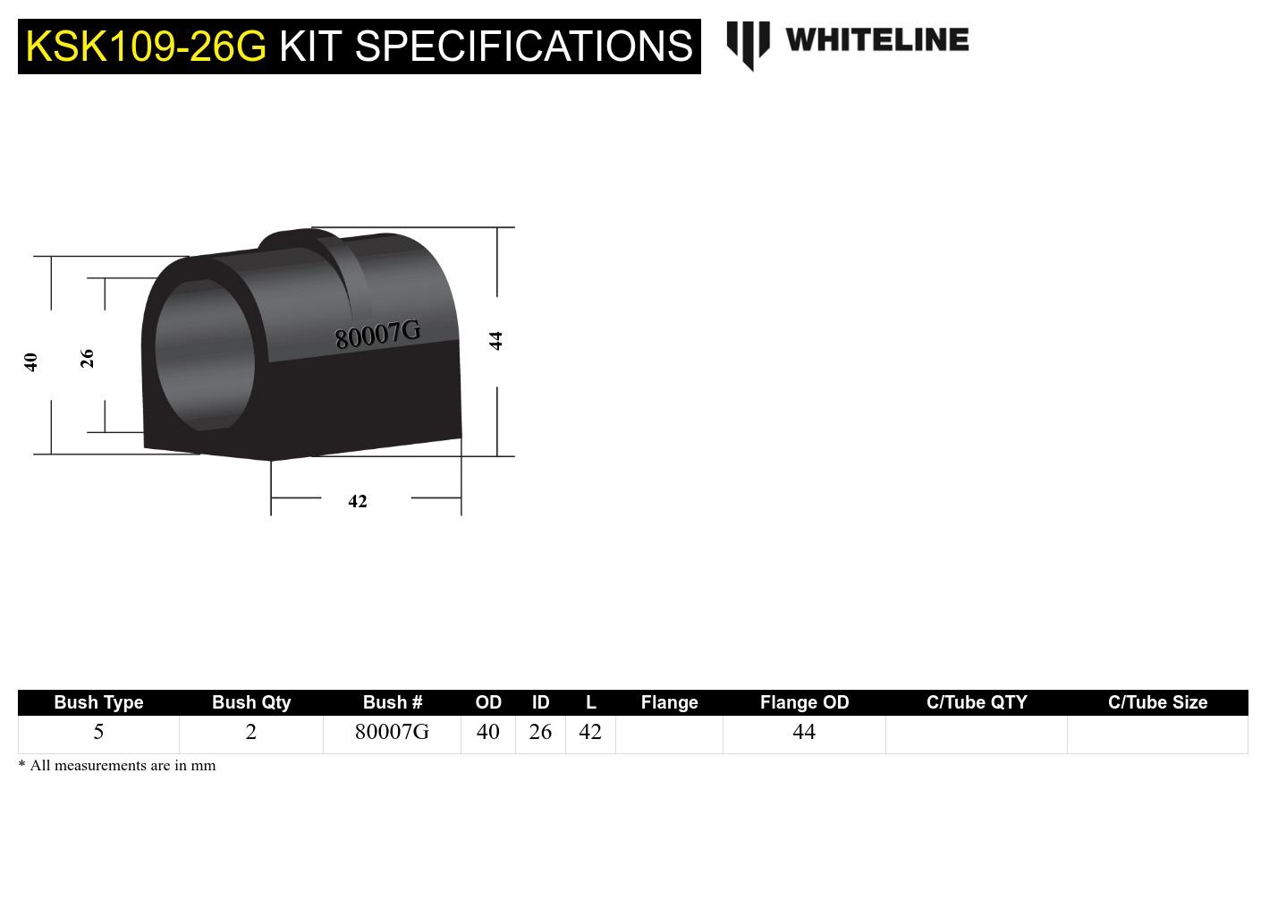 Front Sway Bar Mount - Bushing Kit 26mm to Suit Whiteline Sway Bars