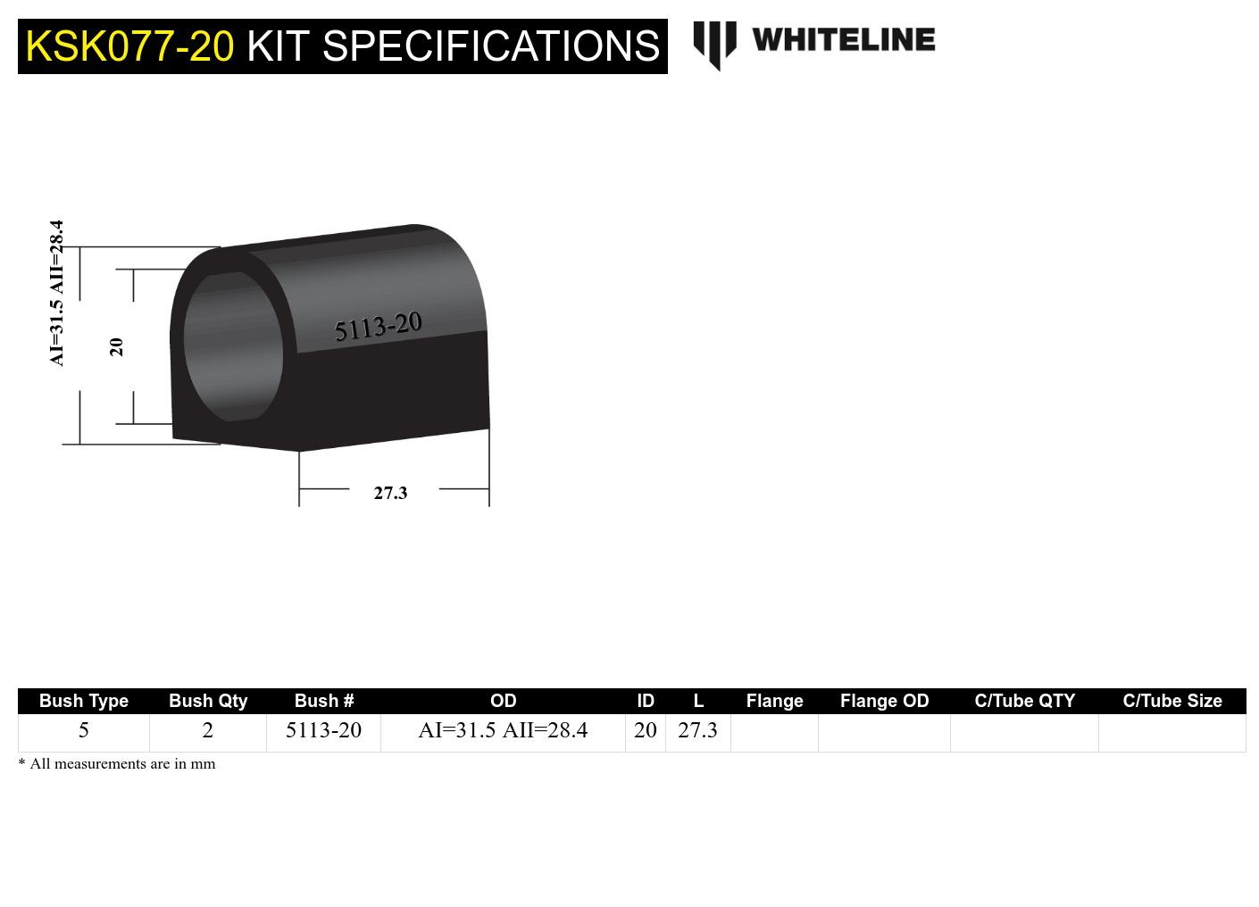 Rear Sway Bar Mount - Bushing Kit 20mm to Suit Whiteline Sway Bars