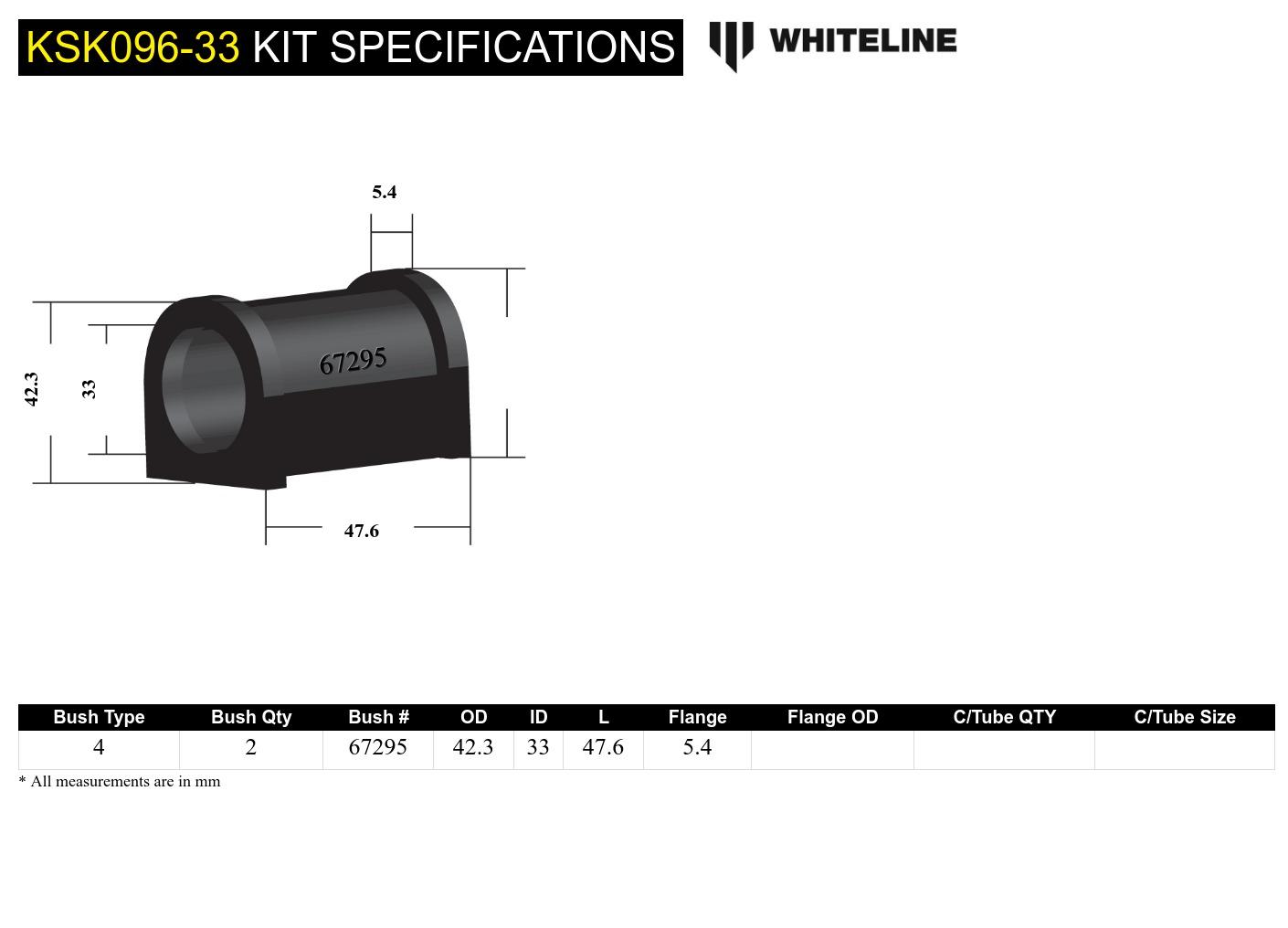 Rear Sway Bar Mount - Bushing Kit 33mm to Suit Whiteline Sway Bars