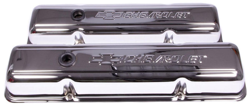 Proform Stamped Valve Covers with Chevrolet Logo (Short Style with Baffle) Chrome PR141-