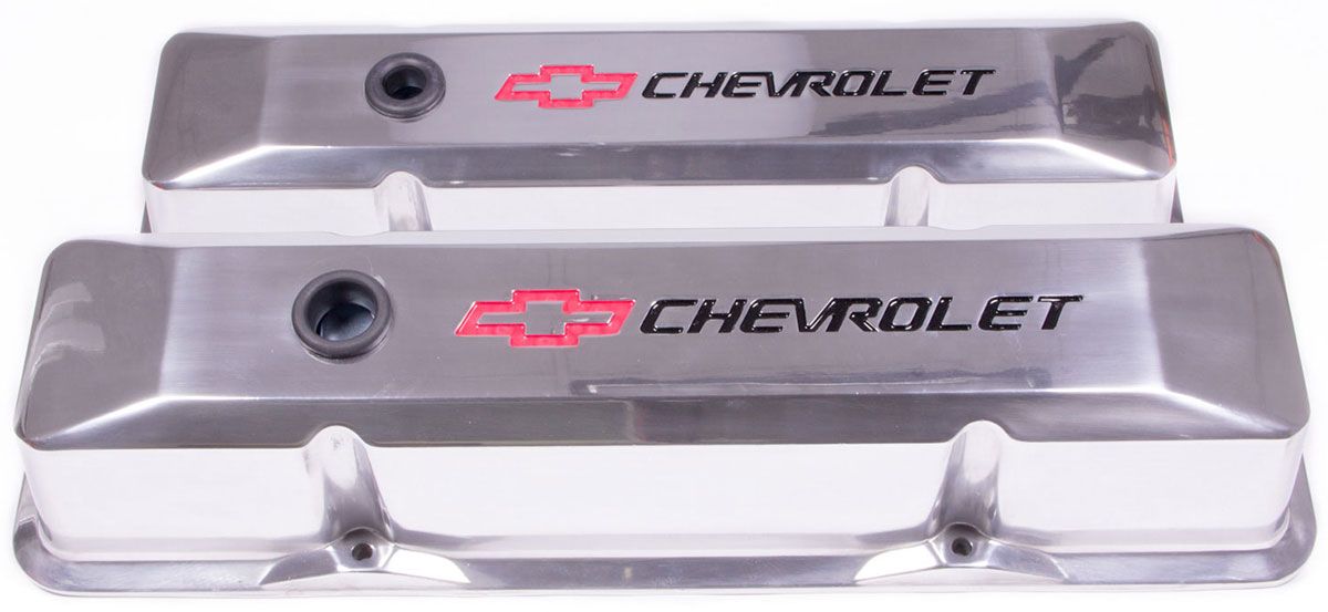 Proform Die Cast Valve Covers with Chevrolet Logo (Tall Style with Baffle) Polished PR14