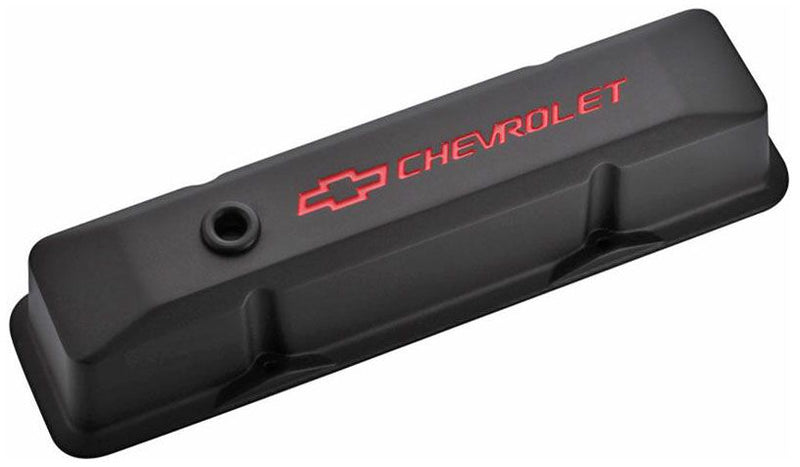 Proform Die Cast Valve Covers with Chevrolet Logo (Tall Style) Black Crinkle Finish PR14