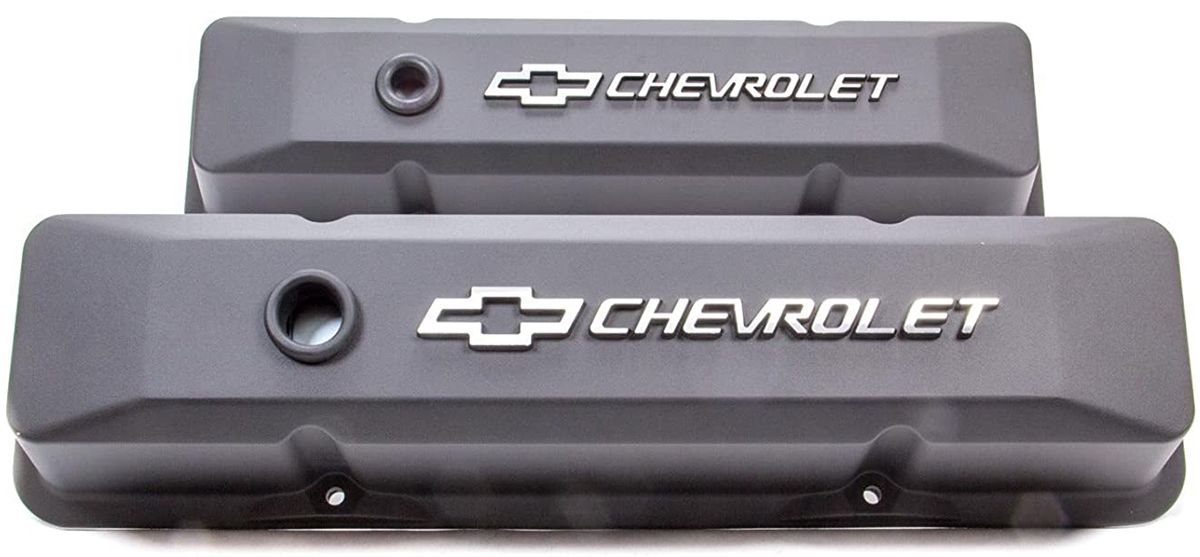 Proform Die Cast Valve Covers with Chevrolet Logo (Tall Style) Black Crinkle Finish PR14