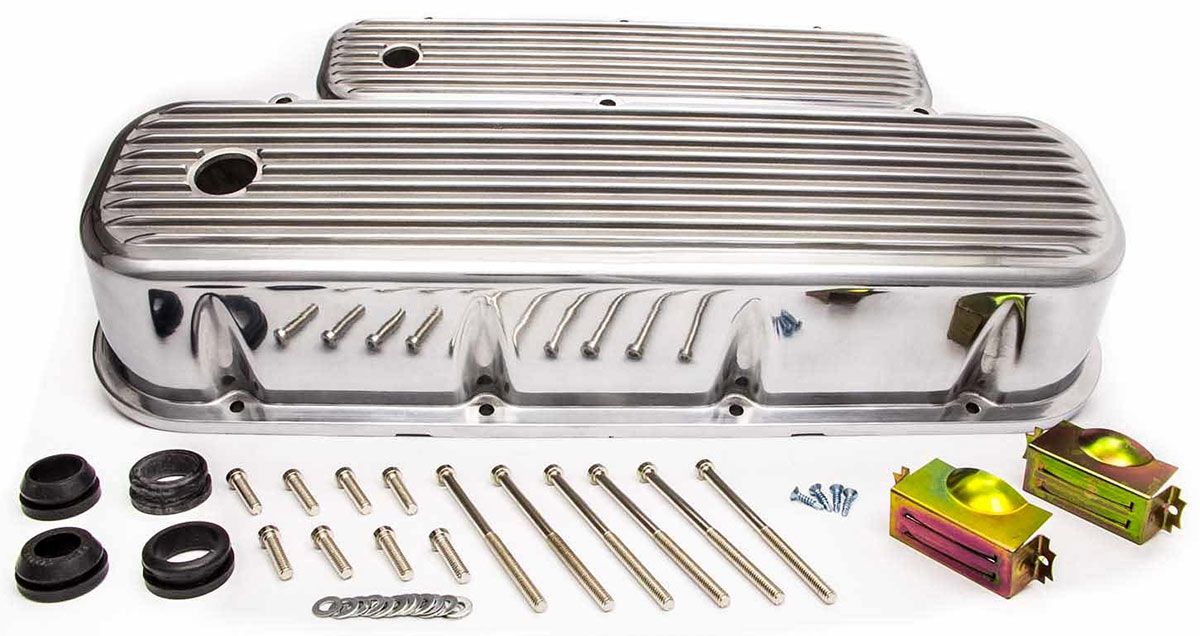 Racing Power Company Polished Aluminium Tall (4") Nostalgic Finned Valve Covers (Baffled) with Breath