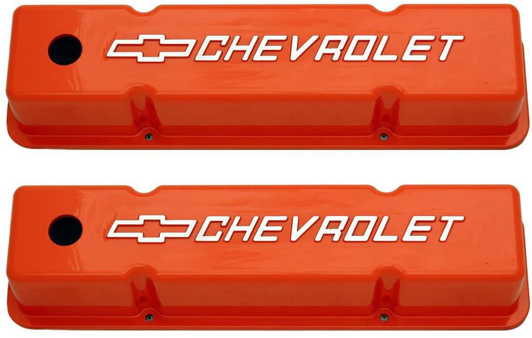 Racing Power Company Fabricated Orange Aluminium Tall Valve Cover for S/B Chev with Chev Logo RPCR761