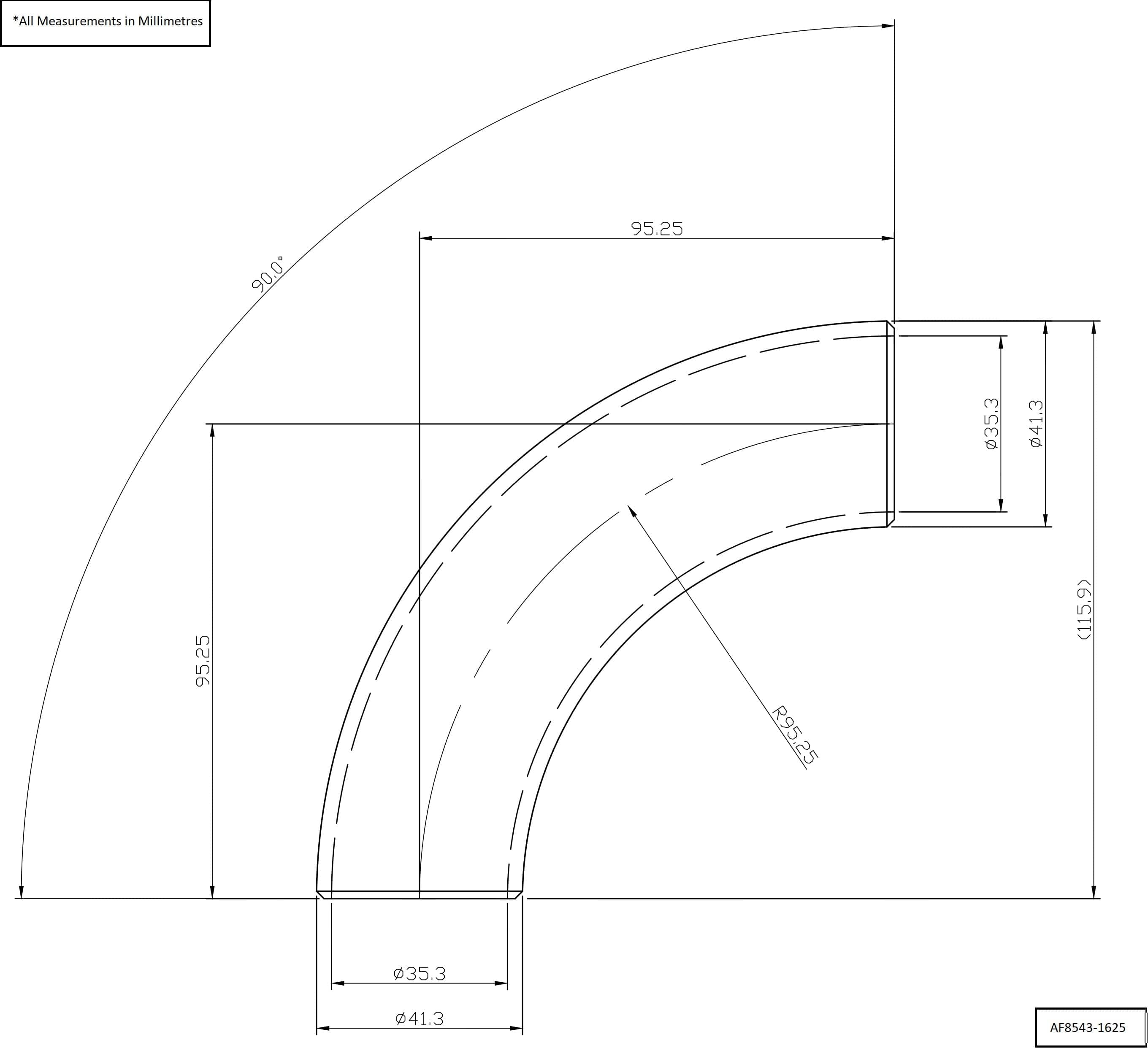 Aeroflow Aeroflow Aeroflow 1-5/8" (42mm) Steam Pipe Tube, 90 Degree Bend, 3.0D Radius (AF8543-1625) SR