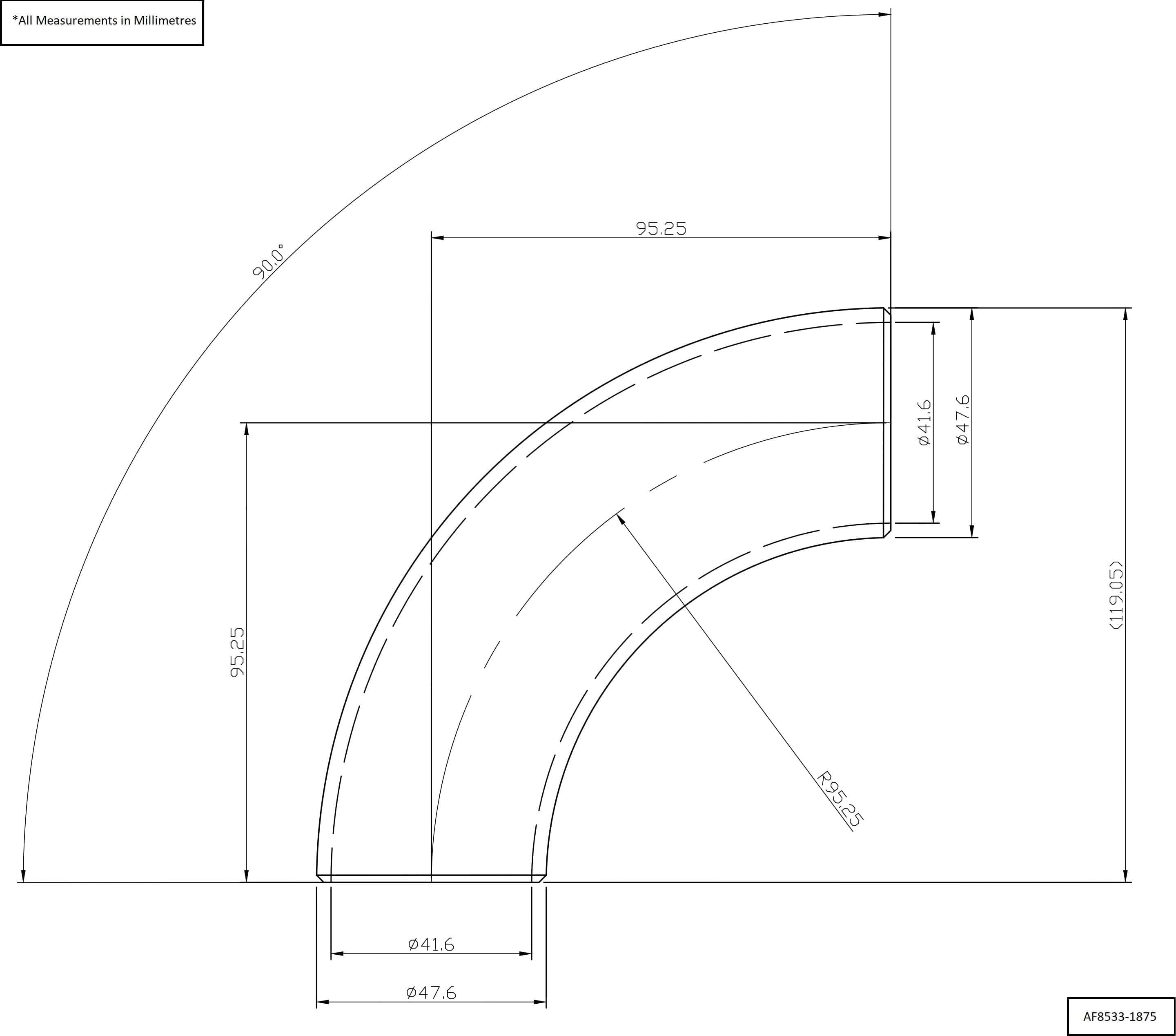 Aeroflow Aeroflow Aeroflow 1-7/8" (48mm) Steam Pipe Tube, 90 Degree Bend, 2.5D Radius (AF8533-1875) SR