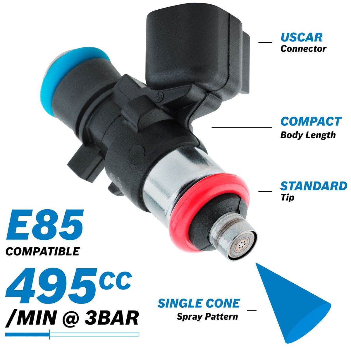 Aeroflow Performance 495 cc/min (44 lb/hr) @ 3 bar (43.5 psi) Aeroflow Bosch Motorsport 495cc EV14 Short USCAR Fuel Injector AF49-1900 SR