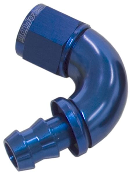 Aeroflow Performance Aeroflow 8 / Red/Blue 510 Series Full Flow Tight Radius Push Lock 120° Hose End AF514 . Suits 400 & 500 Series Hose SR