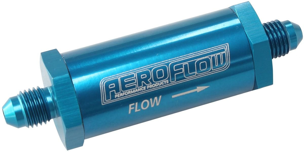 Aeroflow Performance Aeroflow Fittings 4 / Red/Blue Long Inline Fuel & Oil Filter
 Includes 30 Micron Element, 3" Long, 1" O.D SR