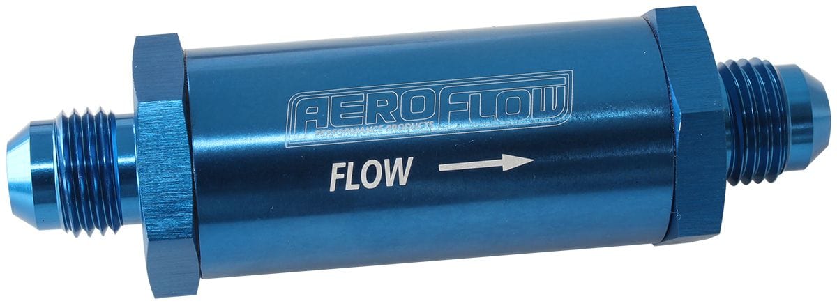 Aeroflow Performance Aeroflow Fittings 6 / Red/Blue Long Inline Fuel & Oil Filter
 Includes 30 Micron Element, 3" Long, 1" O.D SR
