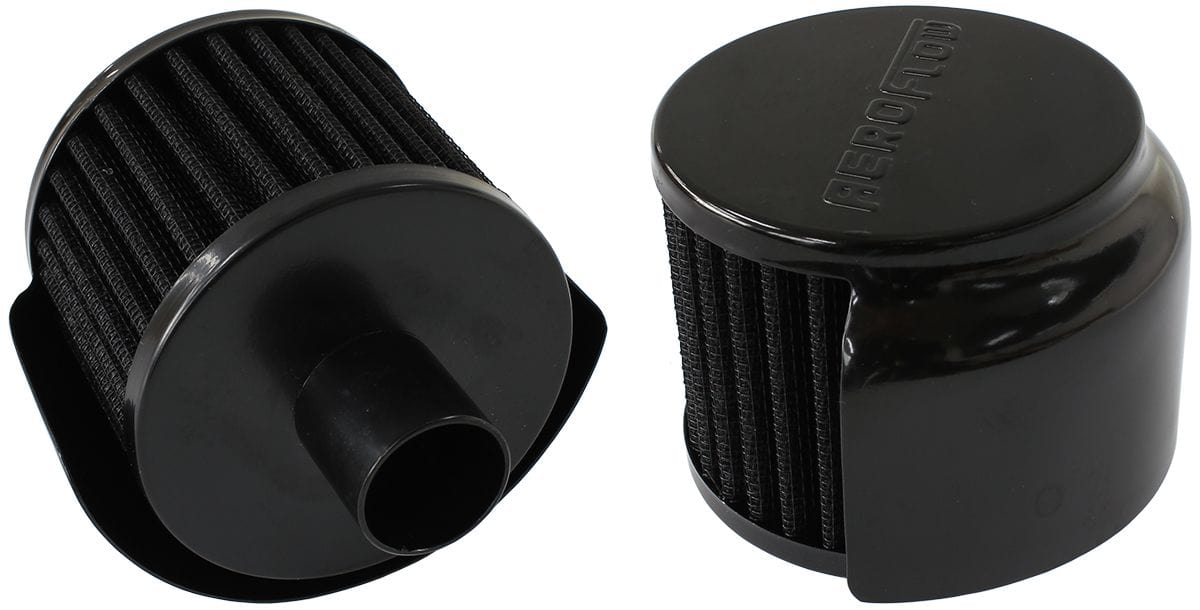 Aeroflow Performance Air Filters AF2271-1520 Black Push In Breather With Black Shield 
3" (76.2mm) O.D. x 2-1/2" (63.5mm) High, 1" (25.4mm) Flange Inside Diameter SR