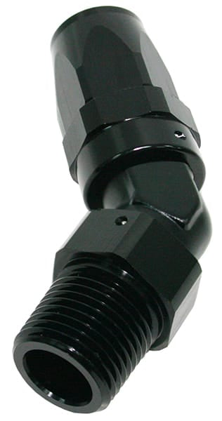 Aeroflow Performance Black Finish. Suit 100 & 450 Series Hose Aeroflow Male NPT Taper Swivel 45° Hose End 3/8" to -6AN AF828-06-06BLK SR