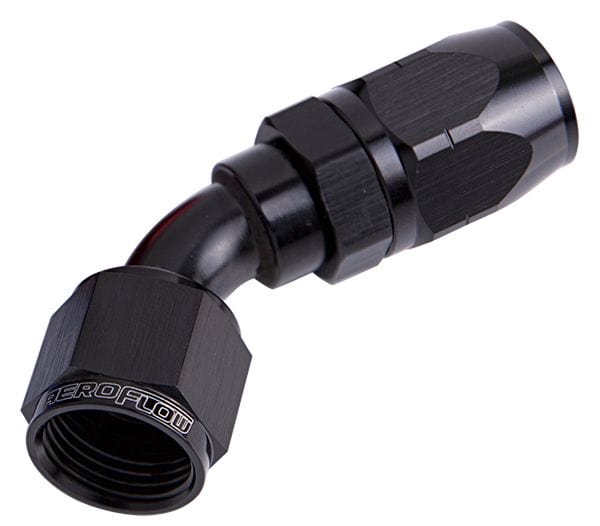 Aeroflow Performance Fittings 20 / Black 500 Series Cutter Swivel 45° Hose End. Suits 100 & 450 Series Hose SR