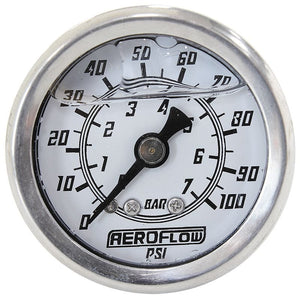 1-1/2" Liquid Filled 100 psi Pressure Gauge 
White Face, Black Pointer, 1/8" NPT Male Thread
