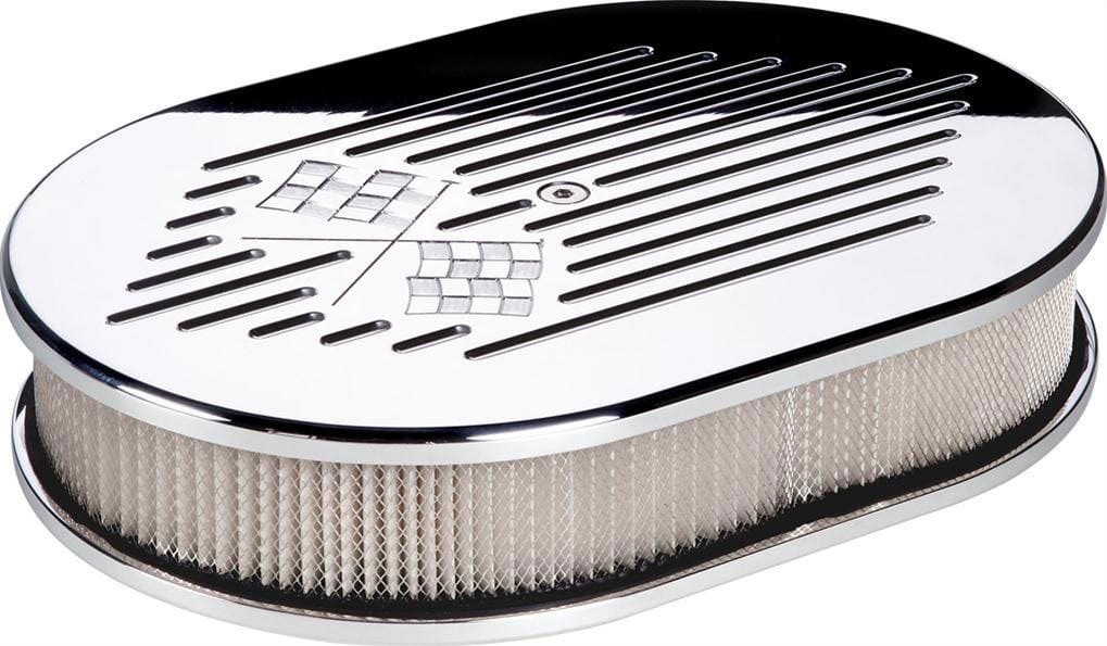 BILLET 11-7/8"L x 8-3/8"W x 3"H Billet Specialties Polished Aluminium Small Oval Air Cleaner Assembly - Cross Flags BS15327 SR