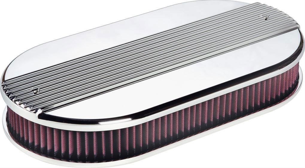 BILLET 17-1/2 L x 9-3/8 W x 3-1/4 H With K&N Filter Billet Specialties Polished Aluminium Oval Dual Quad Air Cleaner Assembly - Ribbed BS15650 SR