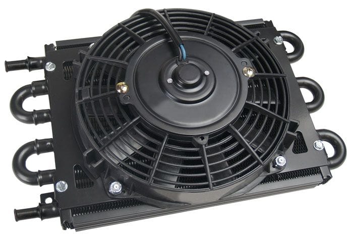 DERALE 11/32" Barb Inlets. 13-5/8" L x 7-5/8" H x 3-5/8" W Derale Derale Dyno-Cool 6 Pass Remote Mount Cooler with Fan DP12740 SR