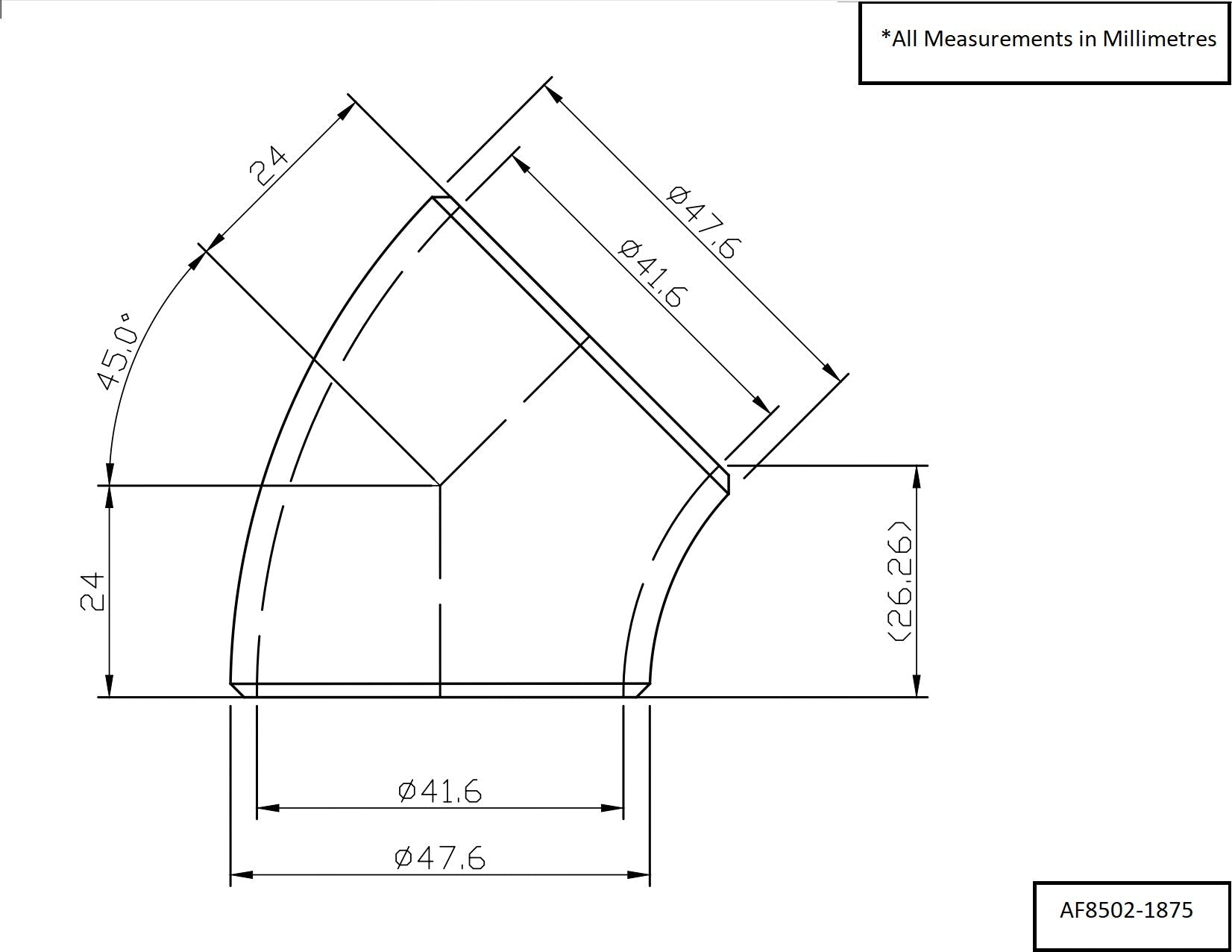 Aeroflow 1-7/8" (48mm) Steam Pipe Tube, 45 Degree Bend, 1.5D Radius (AF8502-1875)