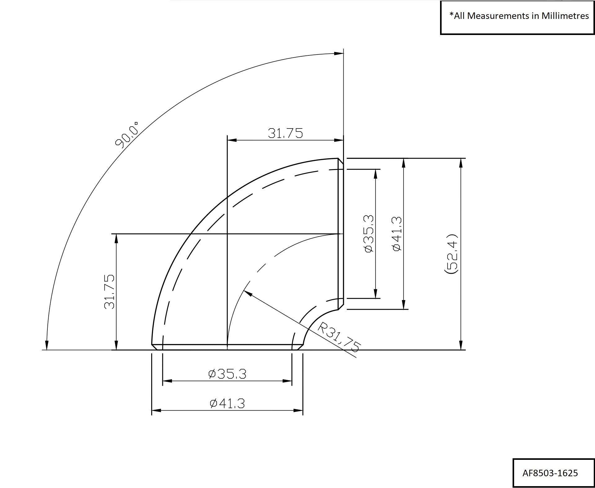 Aeroflow 1-5/8" (42mm) Steam Pipe Tube, 90 Degree Bend, 1.0D Radius (AF8503-1625)