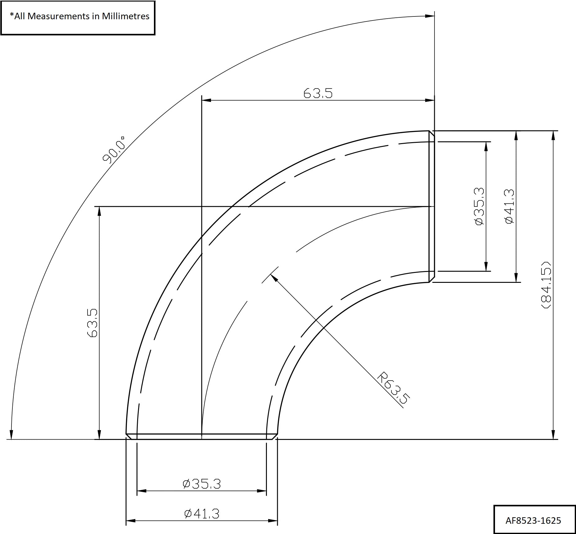 Aeroflow 1-5/8" (42mm) Steam Pipe Tube, 90 Degree Bend, 2.0D Radius (AF8523-1625)