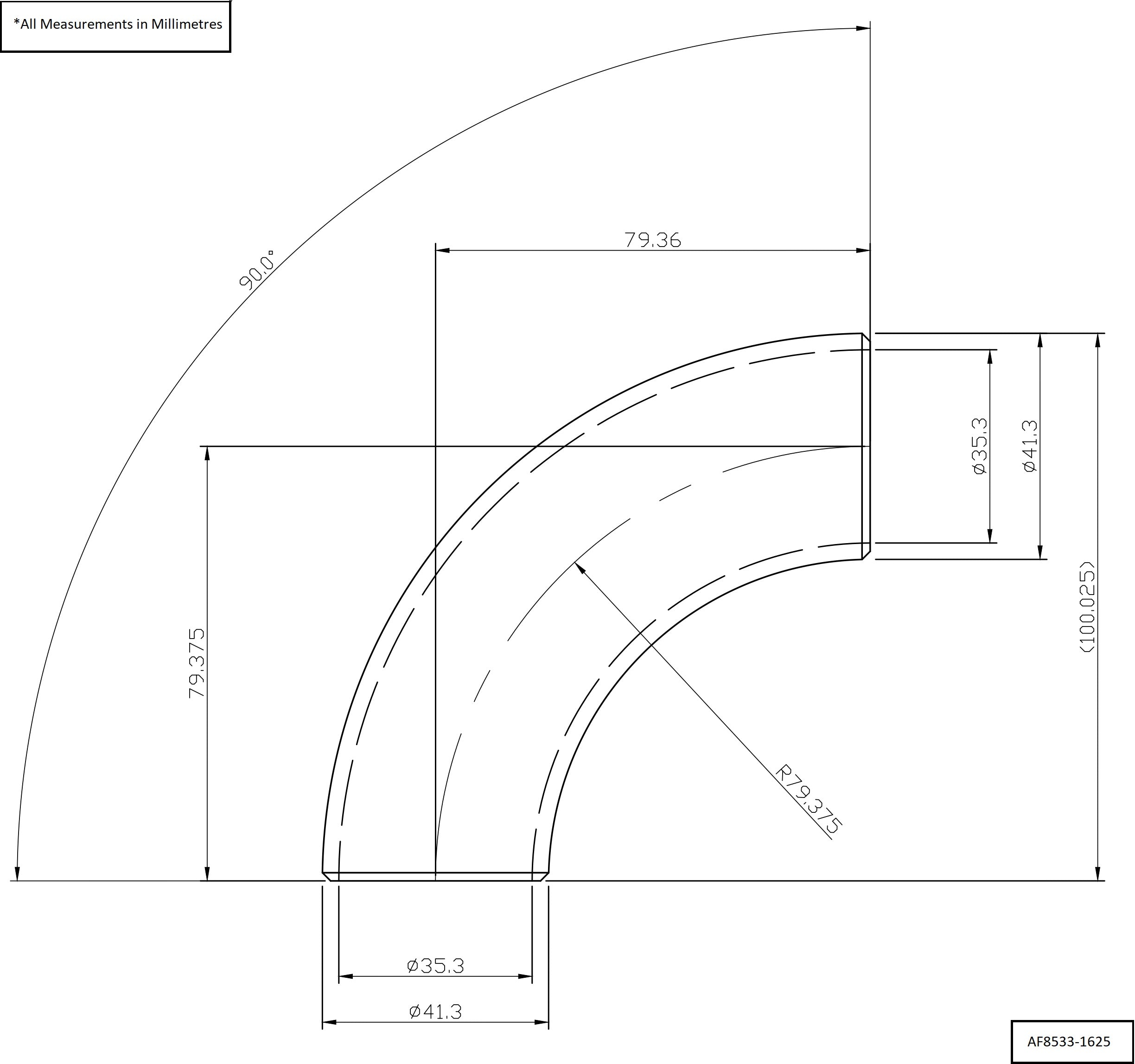 Aeroflow 1-5/8" (42mm) Steam Pipe Tube, 90 Degree Bend, 2.5D Radius (AF8533-1625)