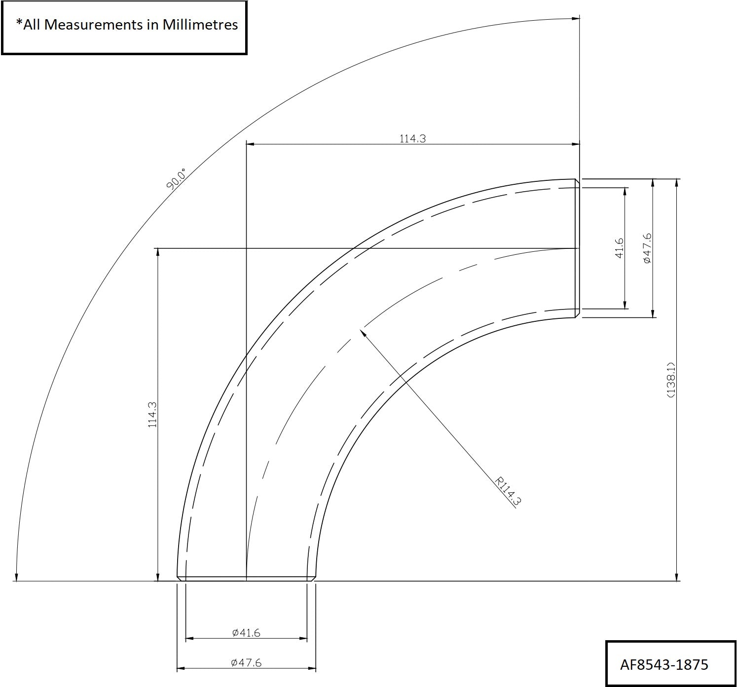 Aeroflow 1-7/8" (48mm) Steam Pipe Tube, 90 Degree Bend, 3.0D Radius (AF8543-1875)