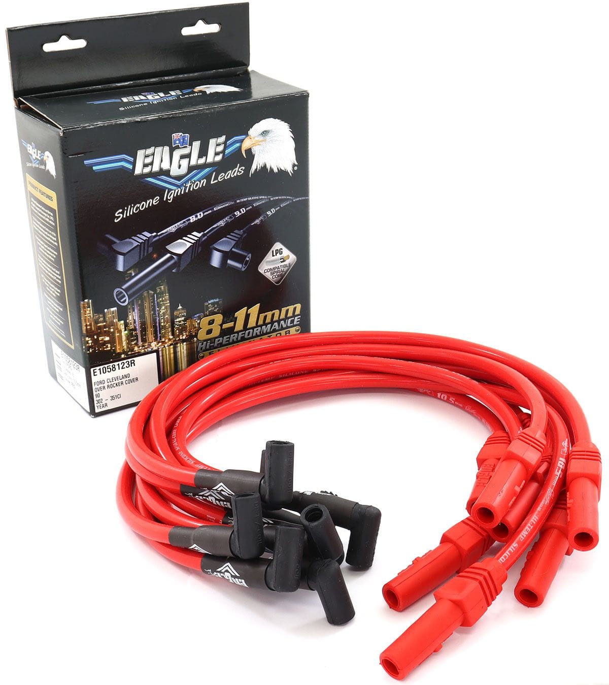 EL Suit 302-351C & 351W With HEI Cap 90° Distributor & 180° Spark Plug Eagle Leads 10.5mm Eliminator Series II Over Rocker Cover Lead Set - Red ELE1058123R SR