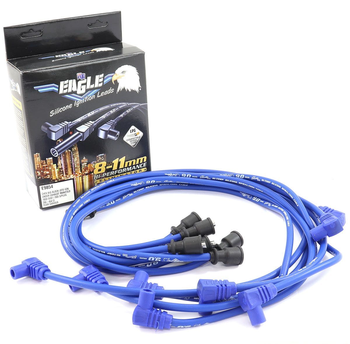 EL Suit BB Chev With STD Cap 180° Distributor & 90° Spark Plug Eagle Leads 9mm Eliminator Series I Under Exhaust Manifold Lead Set - Blue ELE9854 SR