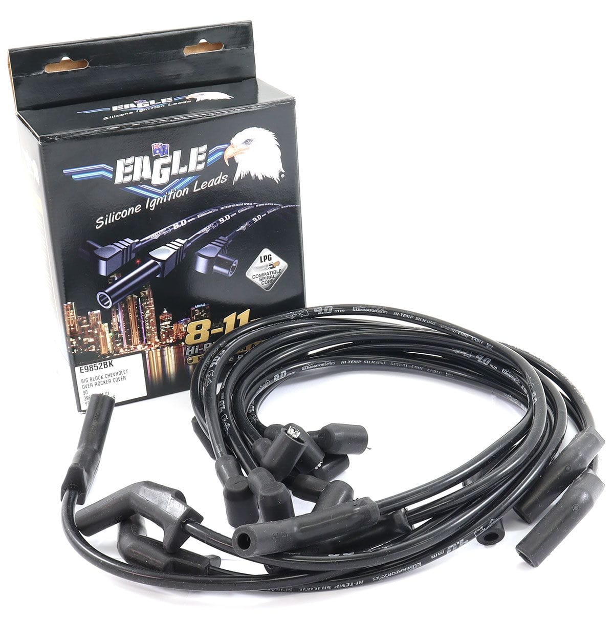 EL Suit BB Chev With STD Cap 90° Distributor & 145° Spark Plug Eagle Leads 9mm Eliminator Series I Over Valve Cover Lead Set - Black ELE9852BK SR