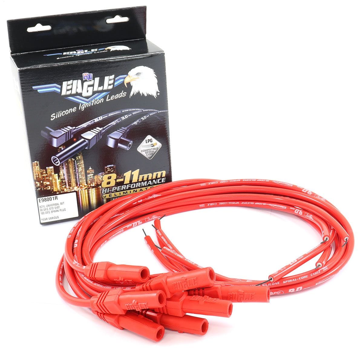 EL Universal 8cyl Set With STD Cap 90° Distributor & 180° Spark Plug Eagle Leads 9mm Eliminator Series I Lead Set - Red ELE98001R SR