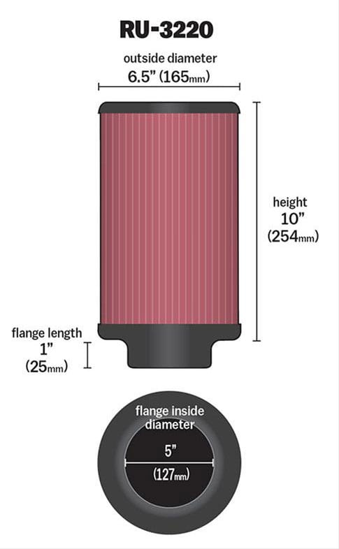 K&N 10 in (254 mm) H x 6.5 in (165 mm) OD - KNRU-3220 K&N K&N Universal Clamp On Filter Fits 5 in (127 mm) KNRU-3220 SR