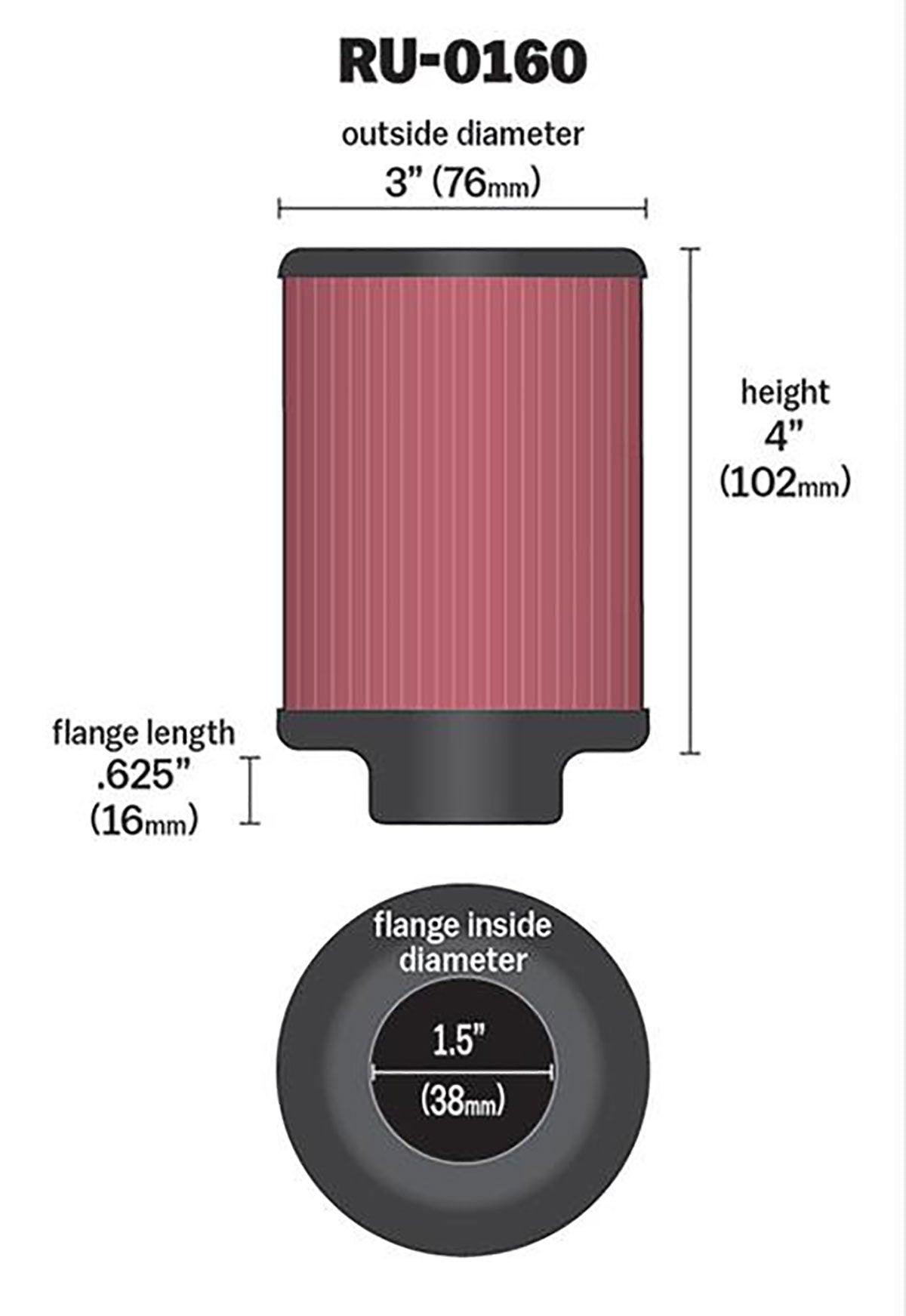 K&N 4 in (102 mm) H x 3 in (76 mm) - KNRU-0160 K&N K&N Universal Clamp On Filter Fits 1.5 in (38 mm) KNRU-0160 SR