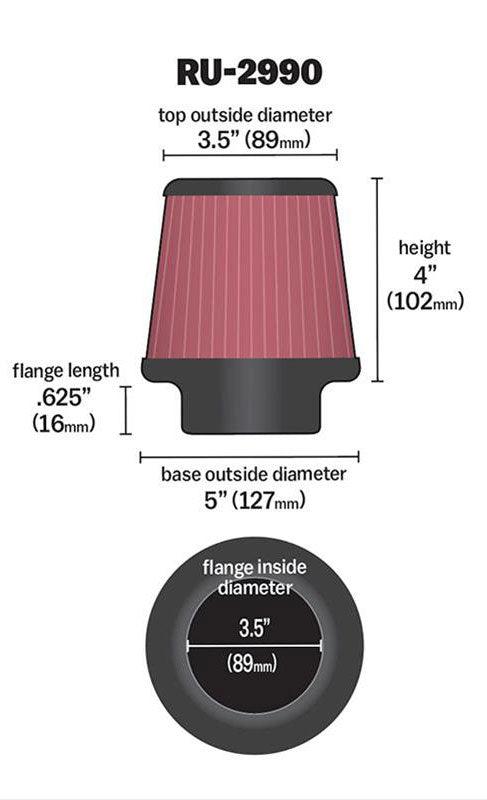 K&N 4 in (102 mm) H x 5 in (127 mm) Base OD x 3.5 in (89 mm) Top OD - KNRU-2990 K&N K&N Universal Clamp On Filter Fits 3.5 in (89 mm) KNRU-2990 SR