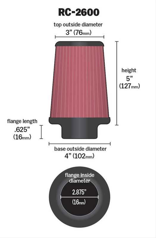 K&N 5 in (127 mm) H x 4 in (102 mm) Base OD x 3 in (76 mm) Top OD - KNRC-2600 K&N K&N Universal Clamp On Filter Fits 2.875 in (73 mm) KNRC-2600 SR