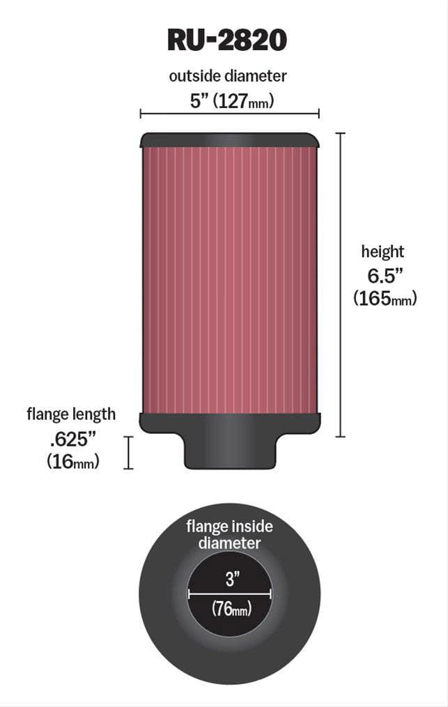 K&N 6.5 in (165 mm) H x 5 in (127 mm) OD - KNRU-2820 K&N K&N Universal Clamp On Filter Fits 3 in (76 mm) KNRU-2820 SR