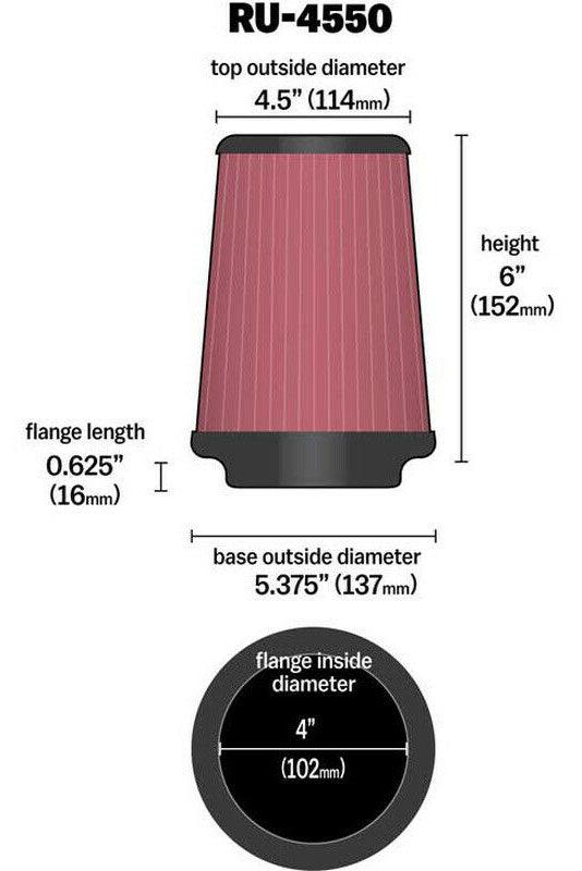 K&N 6 in (152 mm) H x 5.375 in (137 mm) Base OD x 4.5 in (114 mm) Top OD K&N K&N Universal Clamp On Filter Fits 4 in (102 mm) KNRU-4550 SR