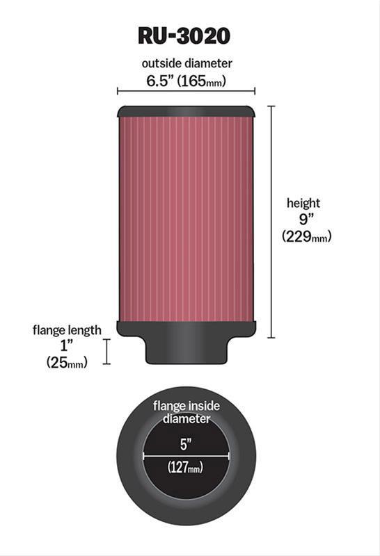 K&N 9 in (229 mm) H x 6.5 in (165 mm) OD - KNRU-3020 K&N K&N Universal Clamp On Filter Fits 5 in (127 mm) KNRU-3020 SR