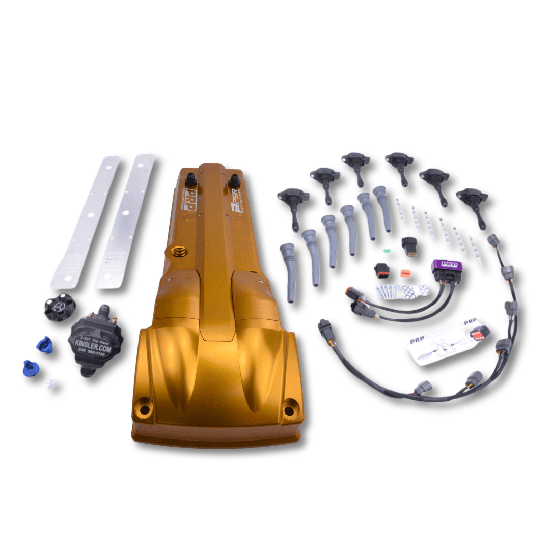 Platinum Racing Products Ignition Coil Kit No Mechanical Drive / Billet cover kit with coil's stalks and loom / Red Ford Barra Billet Rocker Cover and Integrated Coil kit SR