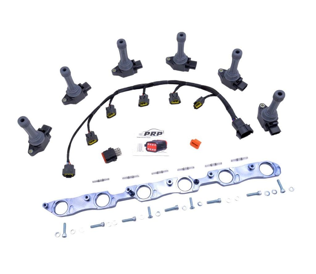Platinum Racing Products Ignition Coil Kit Stalks and Bracket / Black / Universal Braided Tefzel Harness - VVTI (Uses Deutsch DT8 Connector) VR38 Coil Kit to Suit Toyota 1JZ / 2JZ SR