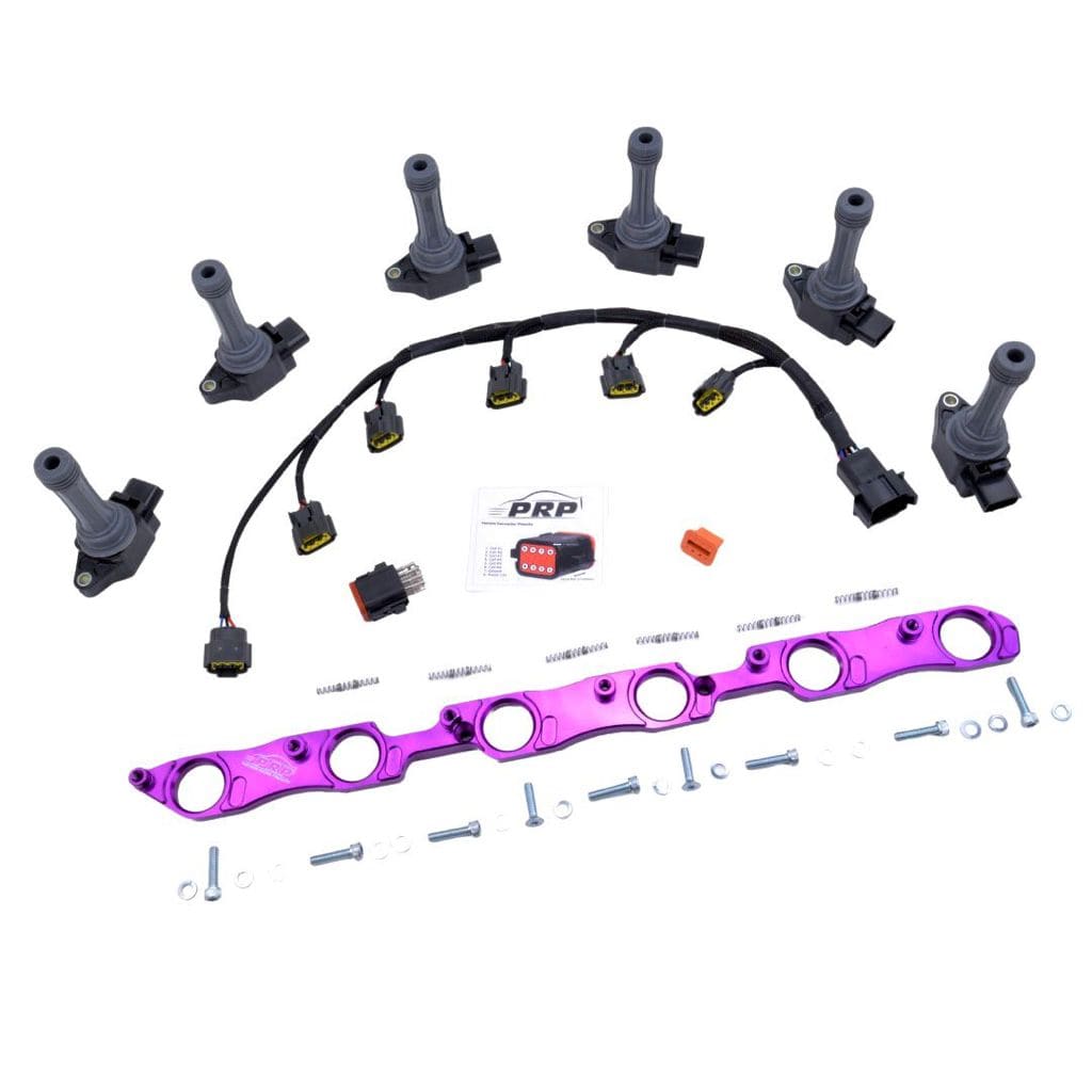 Platinum Racing Products Ignition Coil Kit Stalks and Bracket / Gold / Universal Braided Tefzel Harness - VVTI (Uses Deutsch DT8 Connector) VR38 Coil Kit to Suit Toyota 1JZ / 2JZ SR