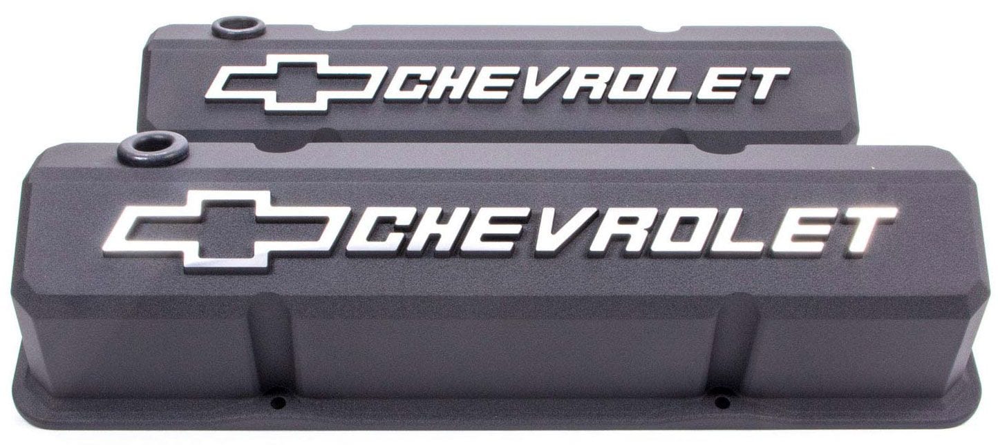 PROFORM Black Crinkle Suit SB Chev With Raised Chevrolet Logo & Bowtie Emblem Proform Die-Cast Aluminium Slant Edge Valve Covers PR141-921 SR