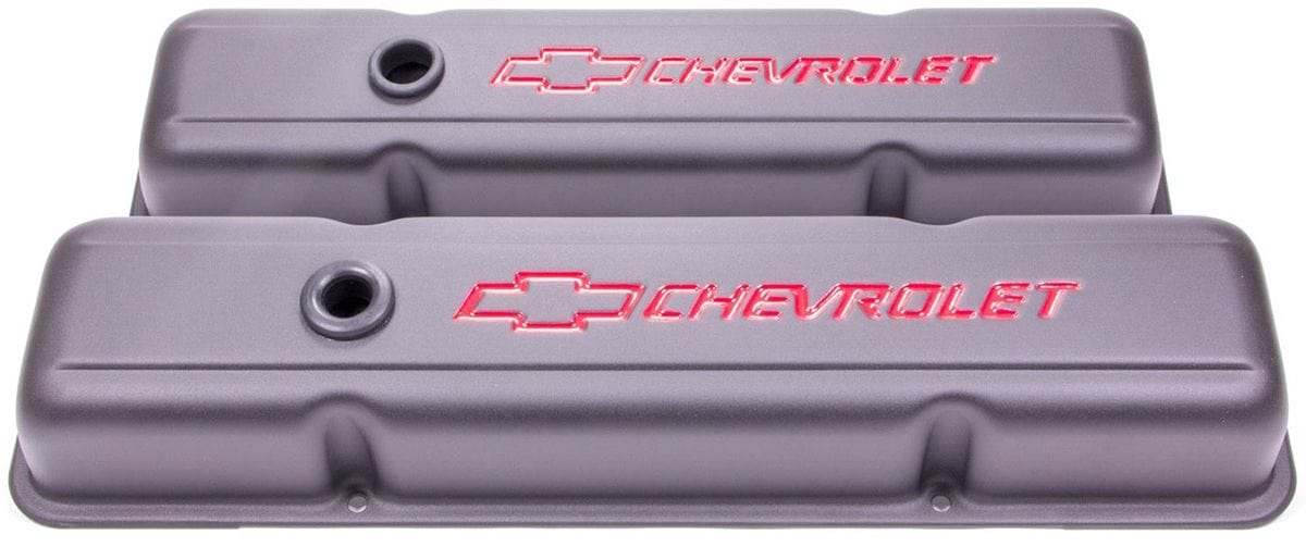 PROFORM Black Crinkle Suit SB Chev With Red Chevrolet Logo & Bowtie Emblem Proform Stamped Steel Short Valve Covers With Baffle PR141-750 SR
