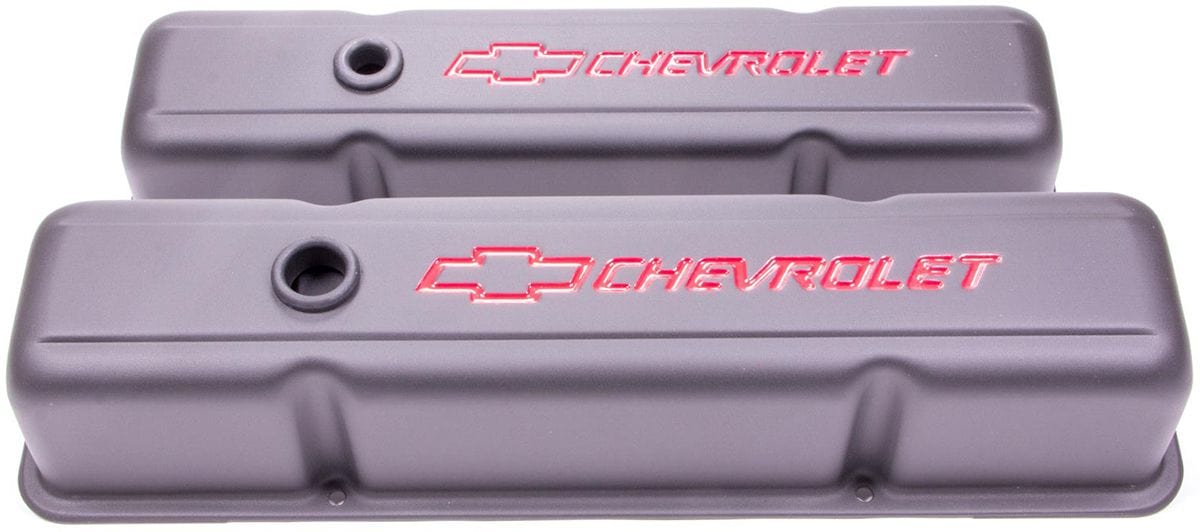 PROFORM Black Crinkle Suit SB Chev With Red Chevrolet Logo & Bowtie Emblem Proform Stamped Steel Tall Valve Covers With Baffle PR141-751 SR