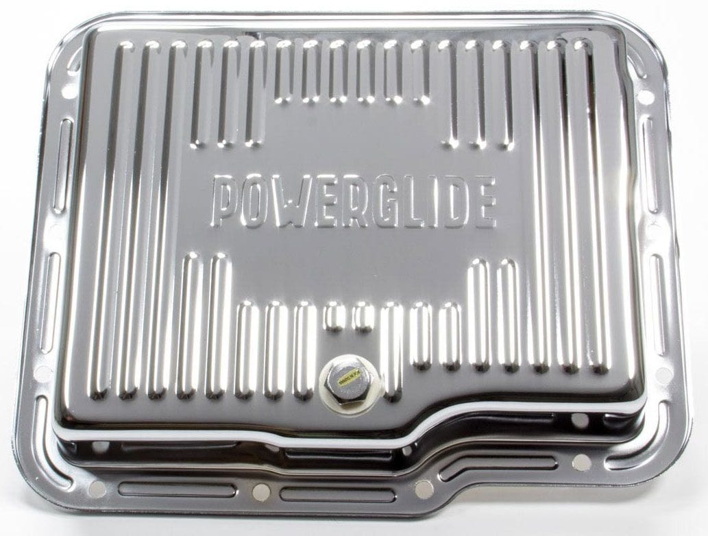 RPC Drain Plug Included, Stock Depth Racing Power Company Chrome Steel Chev Powerglide Transmission Pan, Finned RPCR9124 SR
