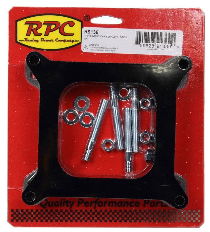 RPC Fits Holley/AFB Four Barrel Carburettors, Gasket & 2-1/2" Stud Kit In Racing Power Company Phenolic Plastic Carburettor Spacer, Open Center, 1" Spacer RPCR9136 SR