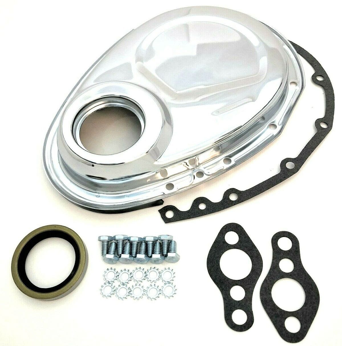 RPC Fits S/B Chev 283 - 350, Includes Cover, Seal, Gaskets & Bolts Racing Power Company Steel Timing Chain Cover, Chrome Finish RPCR4934 SR