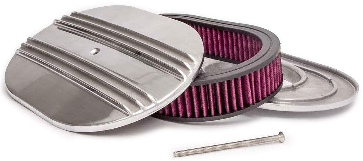 RPC Fits Single Quad Carburettors with 5-1/8" Neck, Polished Steel Mounti Racing Power Company 12" x 2" Finned Oval Air Cleaner, Nostalgic Polished Top & Base with Washable El SR