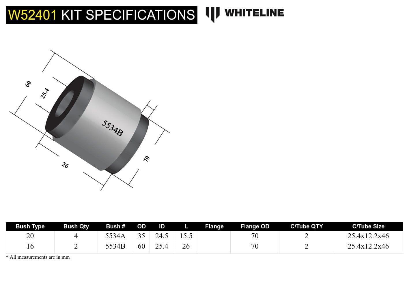 Whiteline 10 x 16 x 26 cm Front Control Arm Lower - Inner Rear Bushing Kit to Suit Daewoo Kolas T200 and Holden Barina XC, TK SR